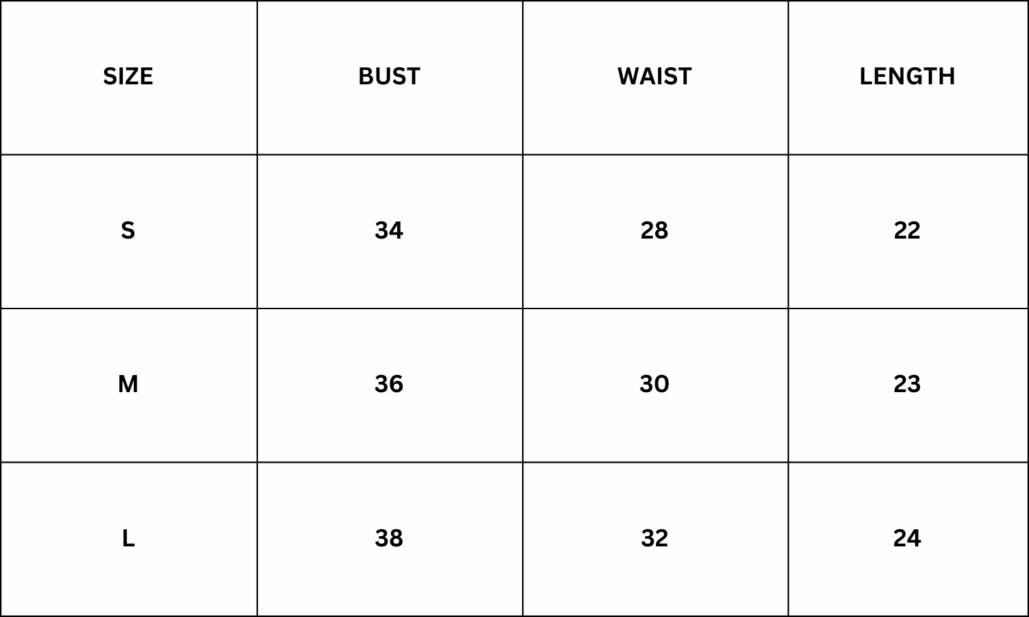 Size Chart for Vega Top - Black