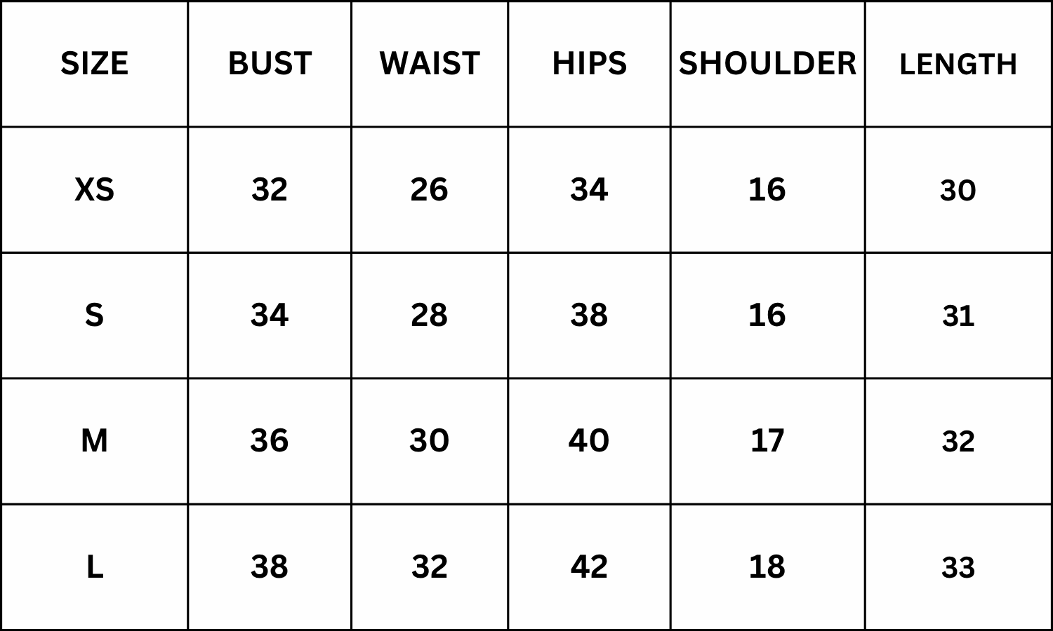 Size Chart for Ethel Top - Black