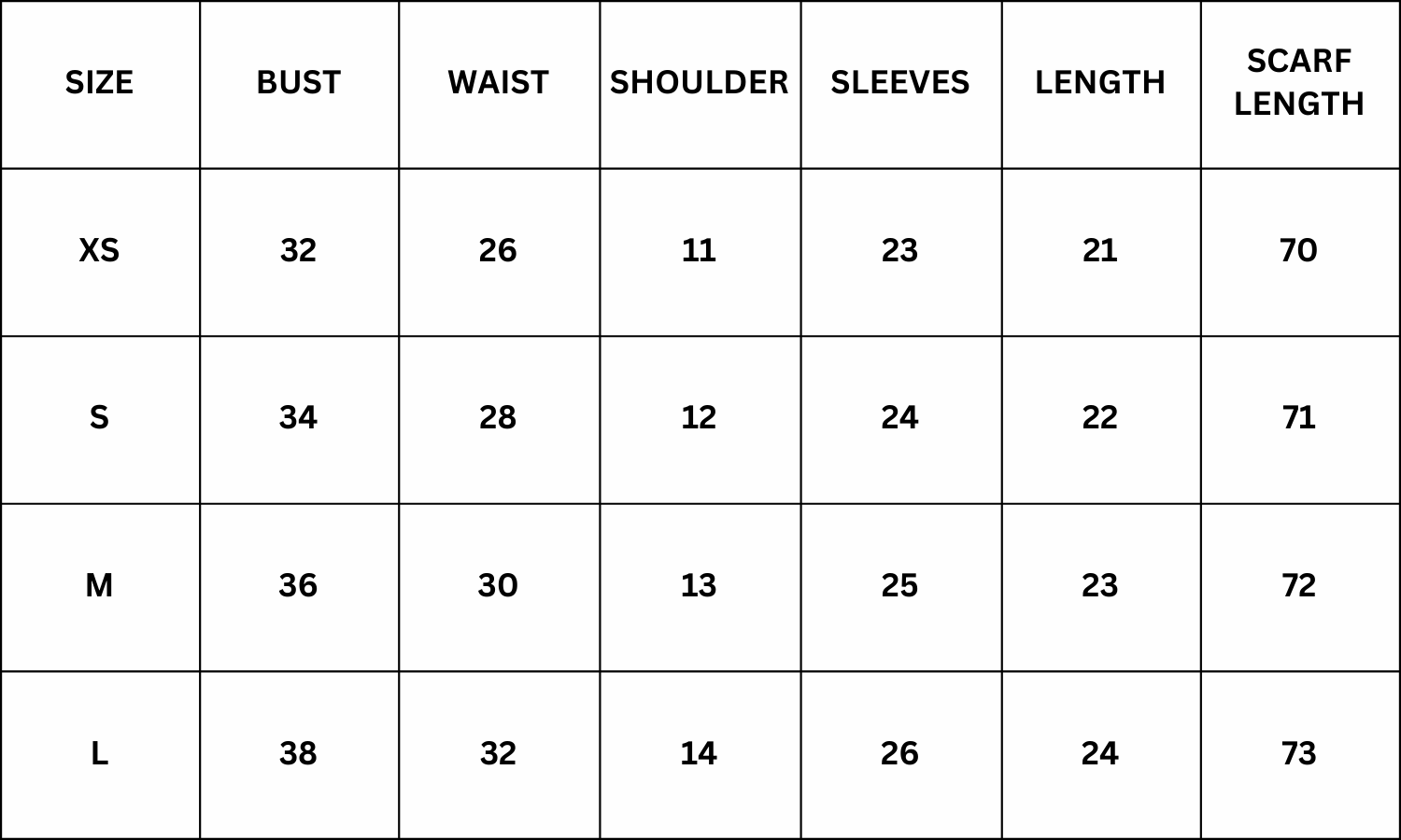 Size Chart for Meryn Jacket & Stole Set - Black