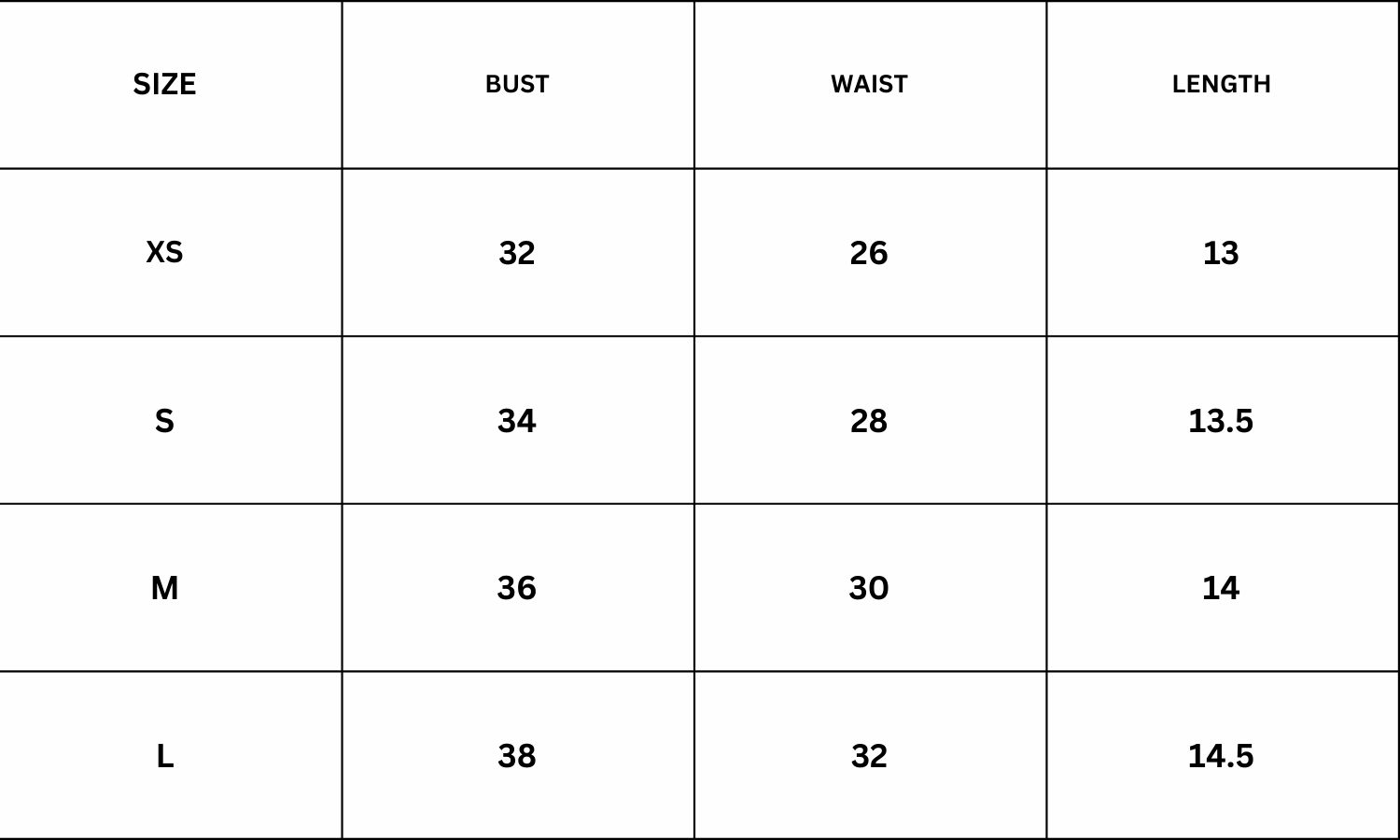 Size Chart for Amara Top - Black