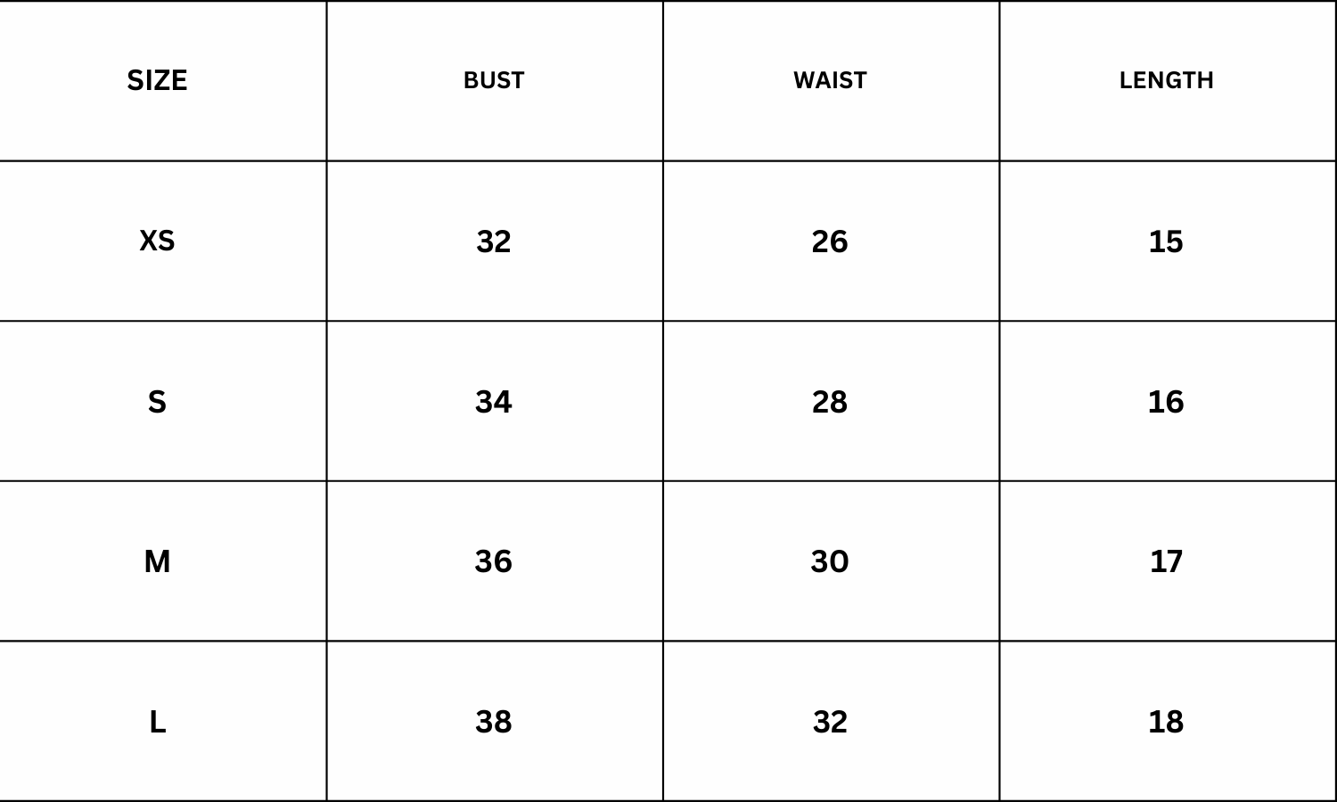 Size Chart for Heddie Top - Black