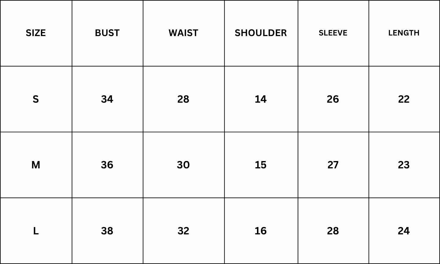 Size Chart for Henley Top - Black