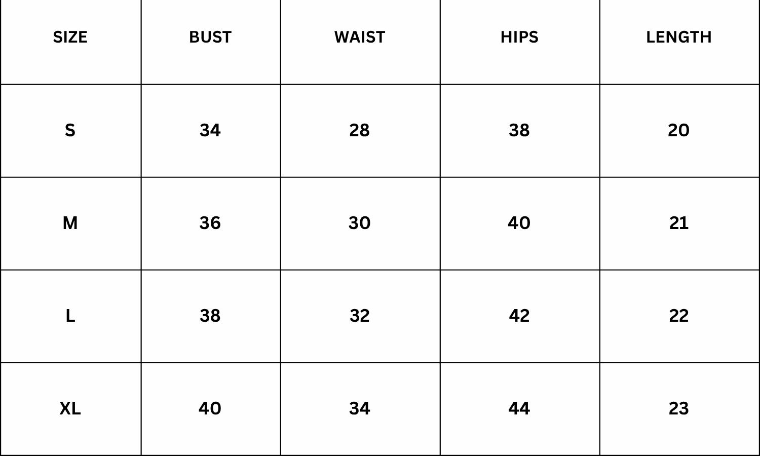 Size Chart for Emerson Bodysuit - Black
