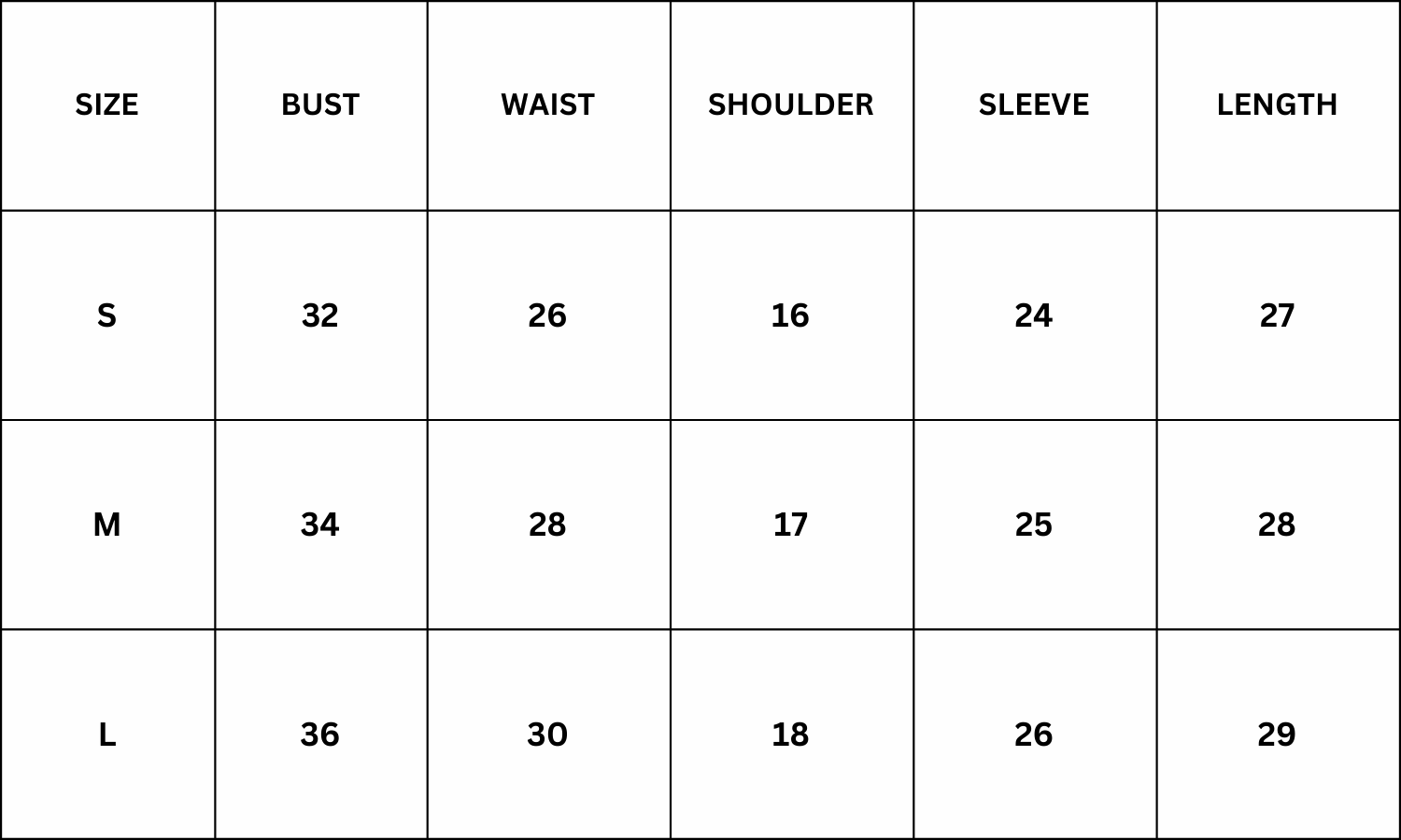 Size Chart for Brady Shirt - White