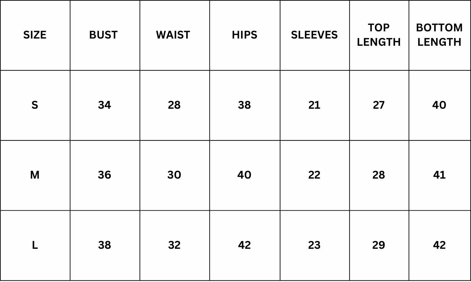 Size Chart for Lupi Night Suit Set - Black