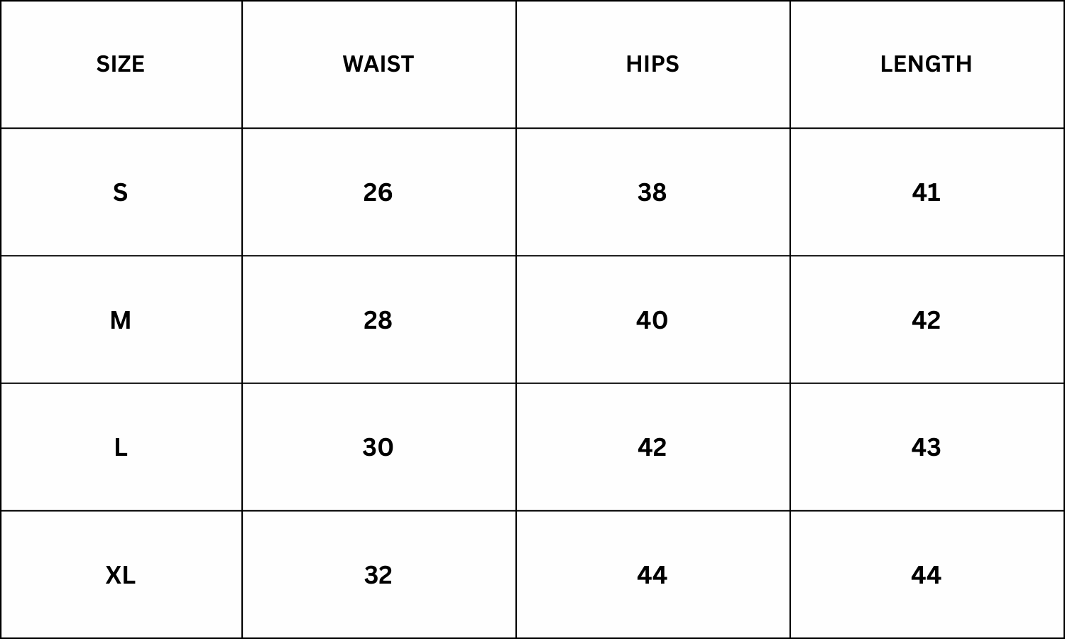 Size Chart for Vanessa Pants - Black