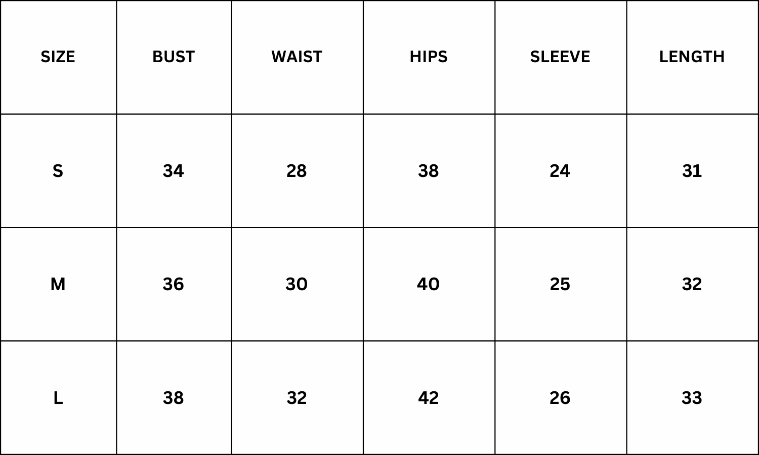 Size Chart for Bianca Co-ord - Black