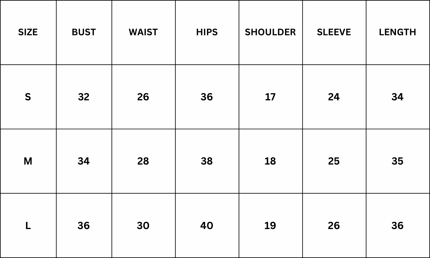 Size Chart for Sutton Dress - Black