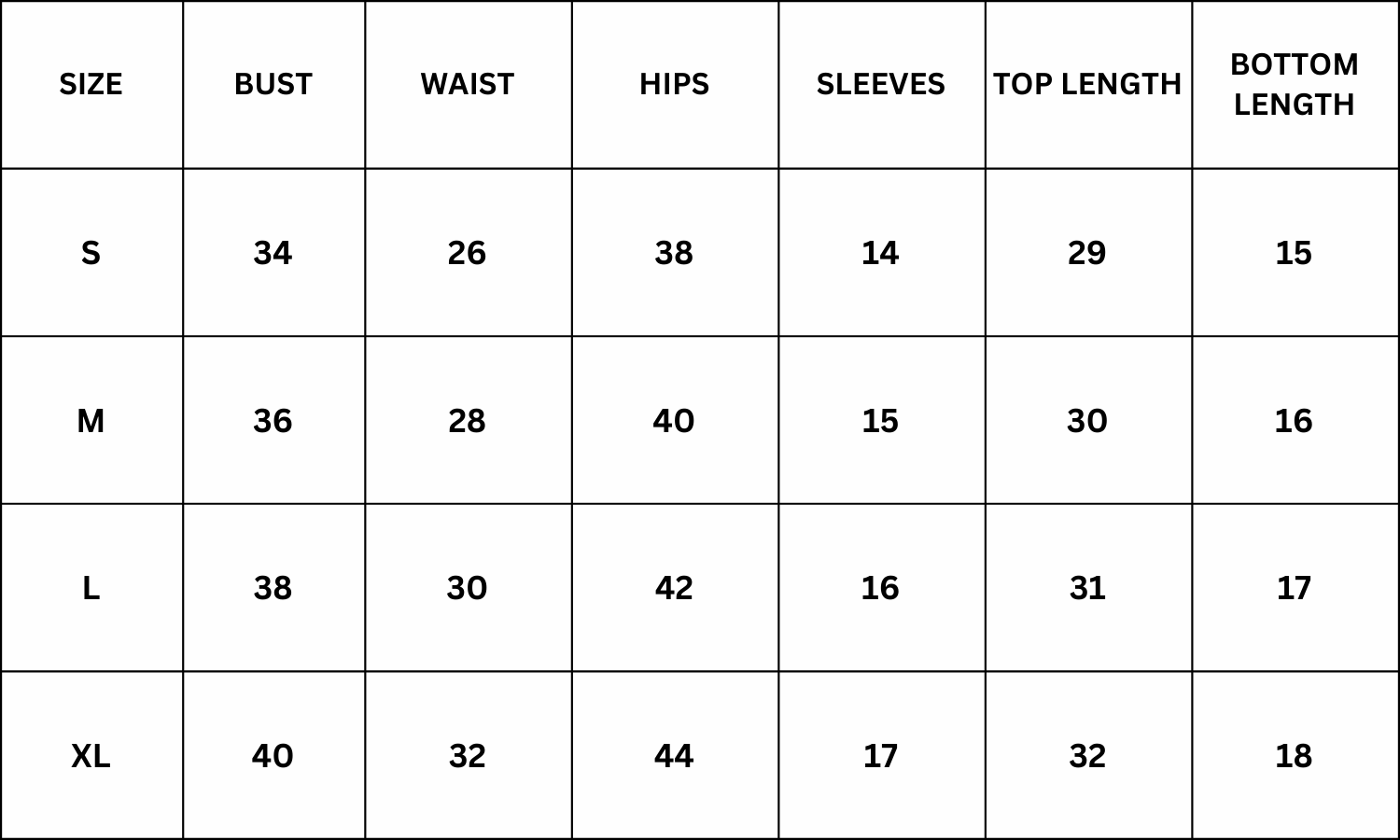 Size Chart for Chantelle Co ord Set - White