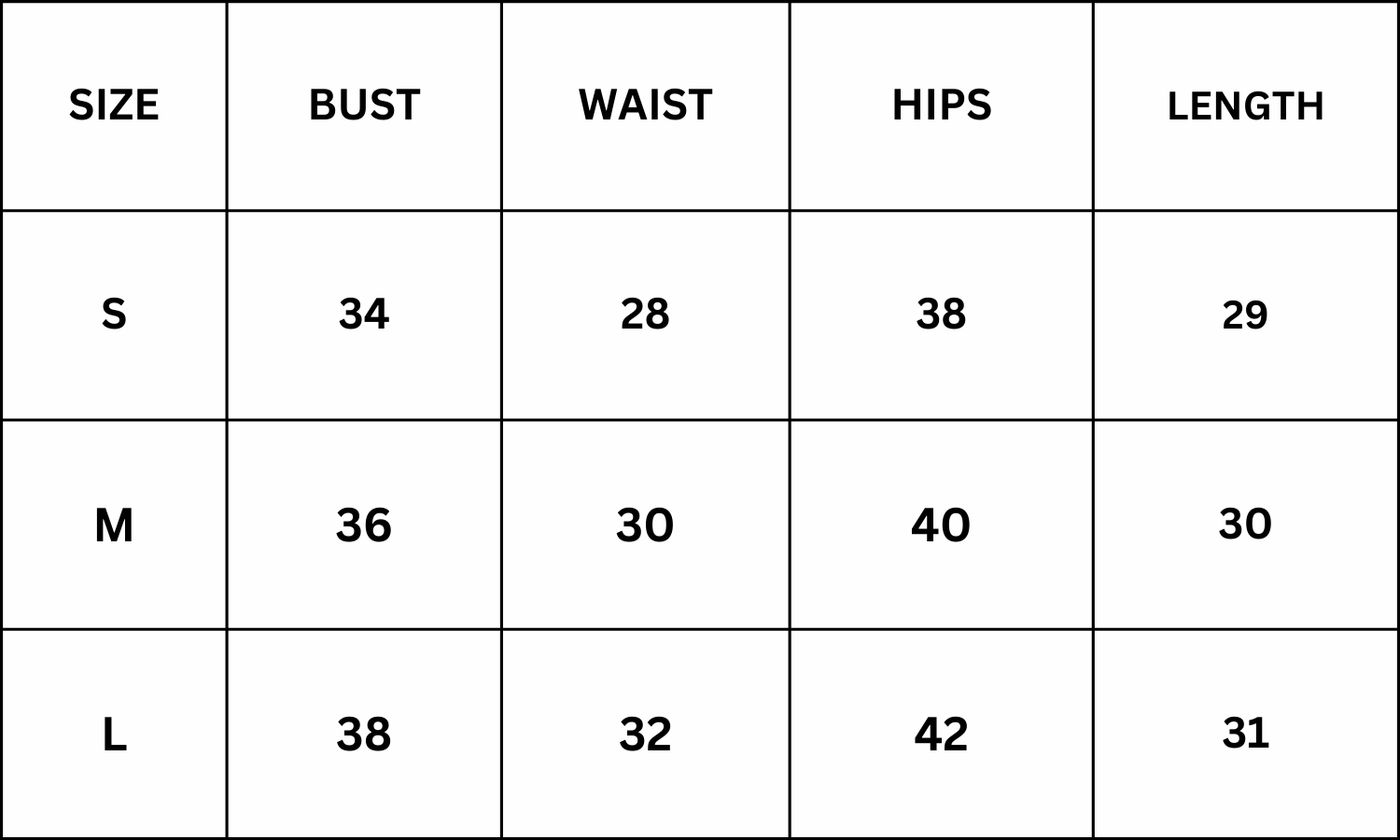 Size Chart for Noah Cover Up - Black