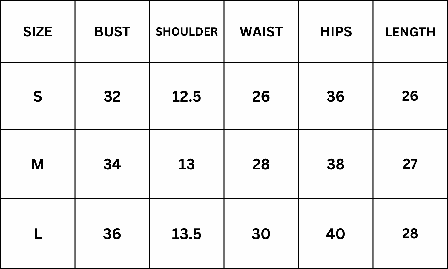 Size Chart for Ginny Top - White
