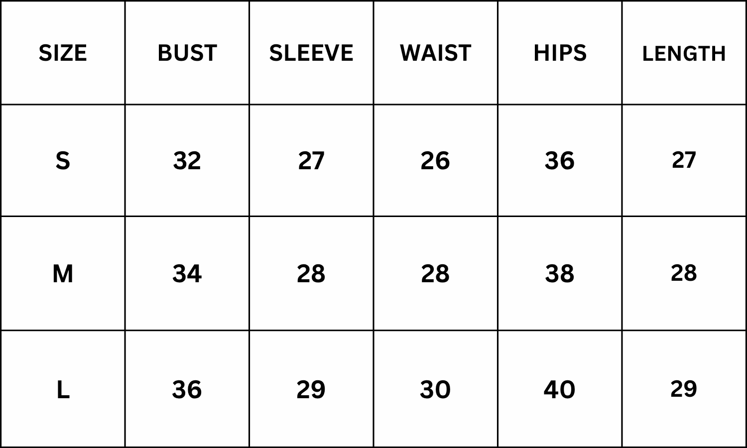 Size Chart for Thorpe Top - White