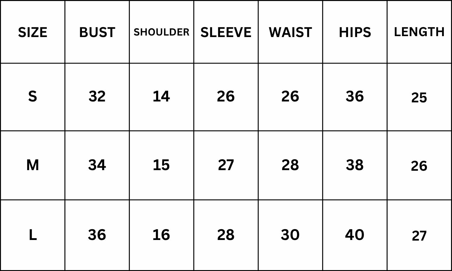 Size Chart for Martell Top - White