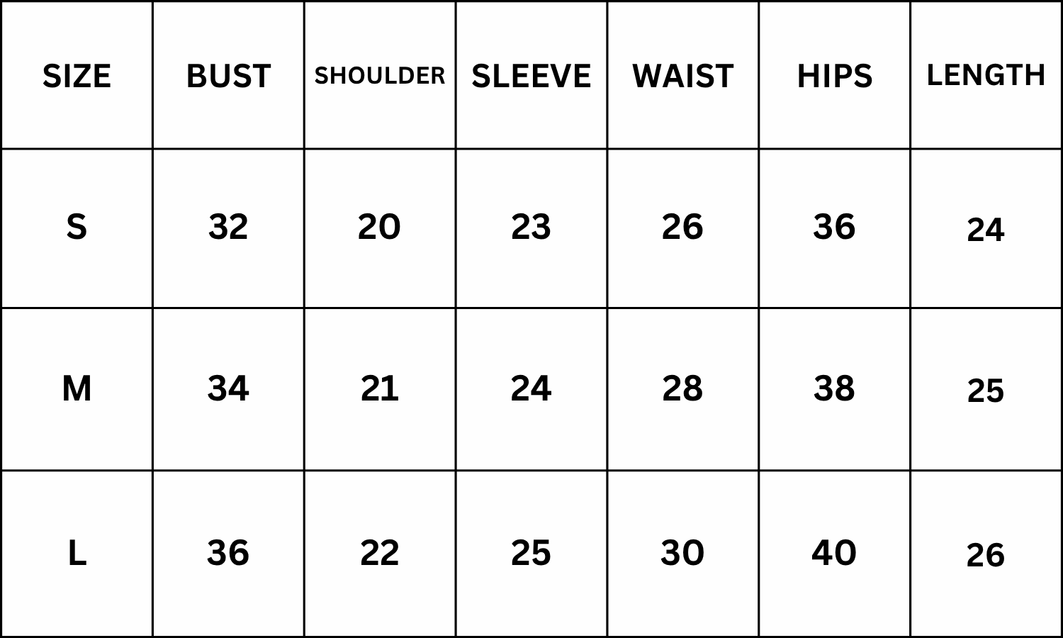 Size Chart for Elise Top - Blue