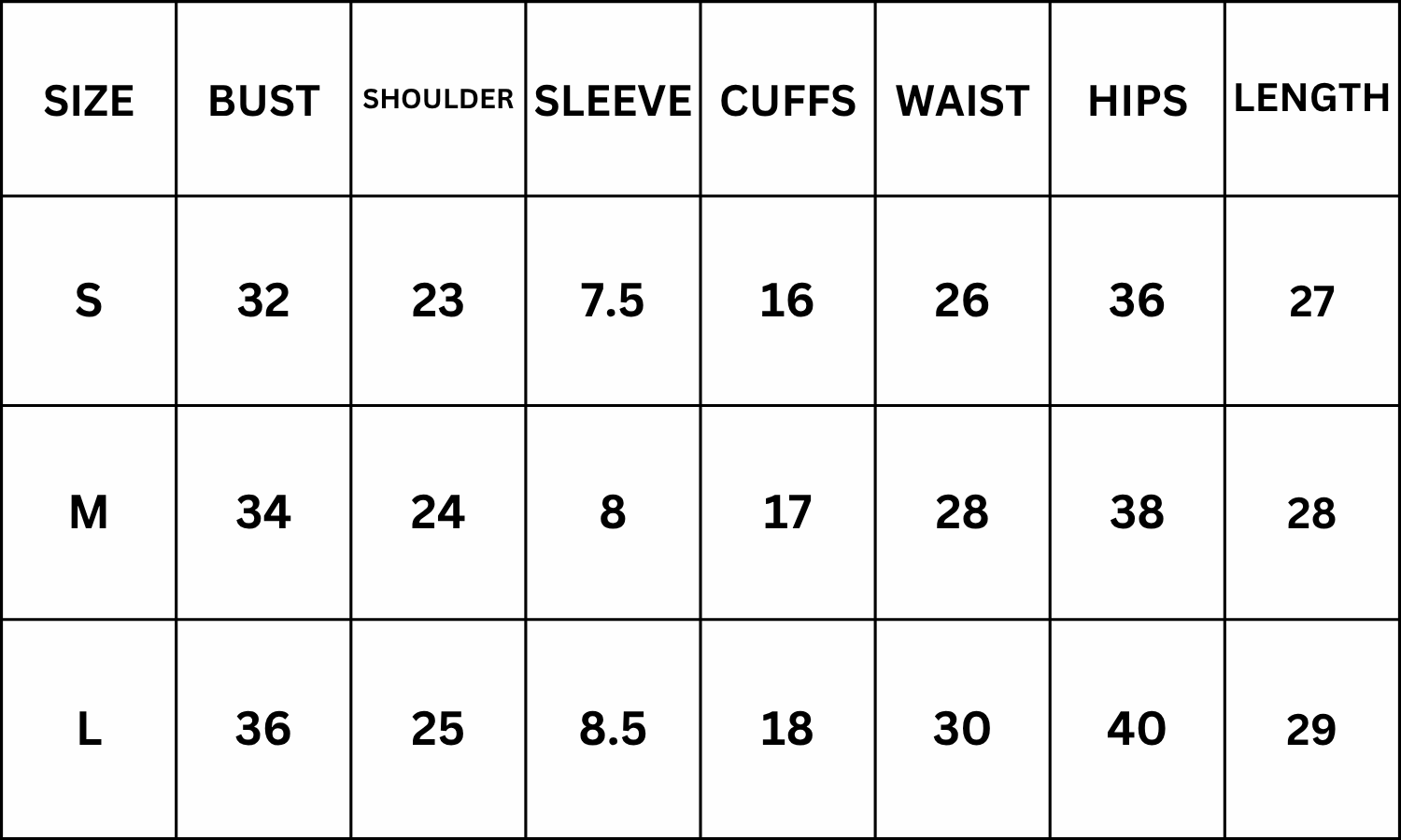 Size Chart for Tuco Top - White