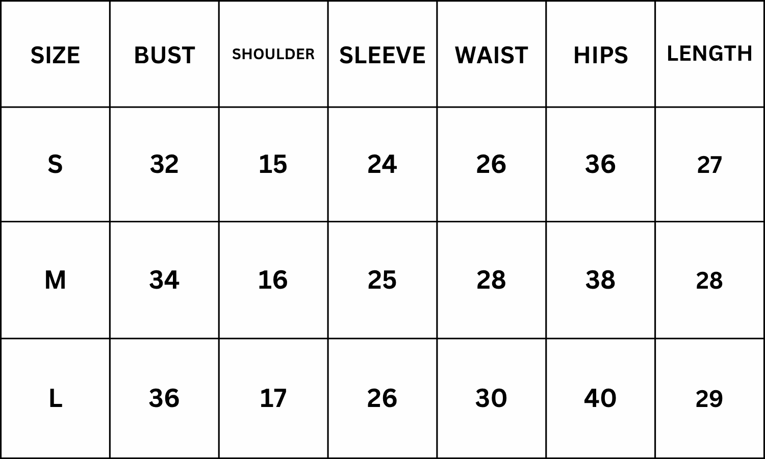 Size Chart for Serie Top - White