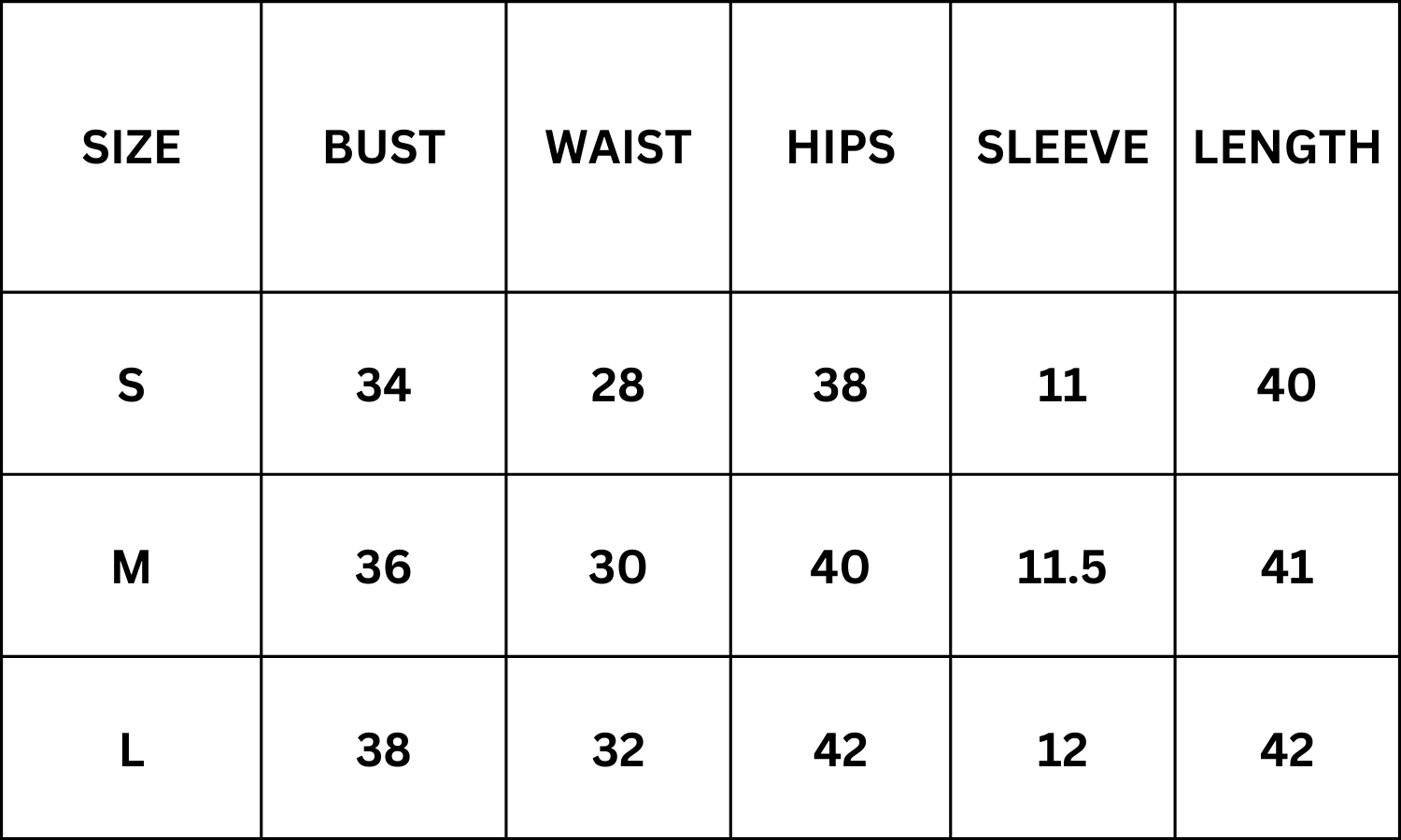 Size Chart for Vostok Co-Ord - Black