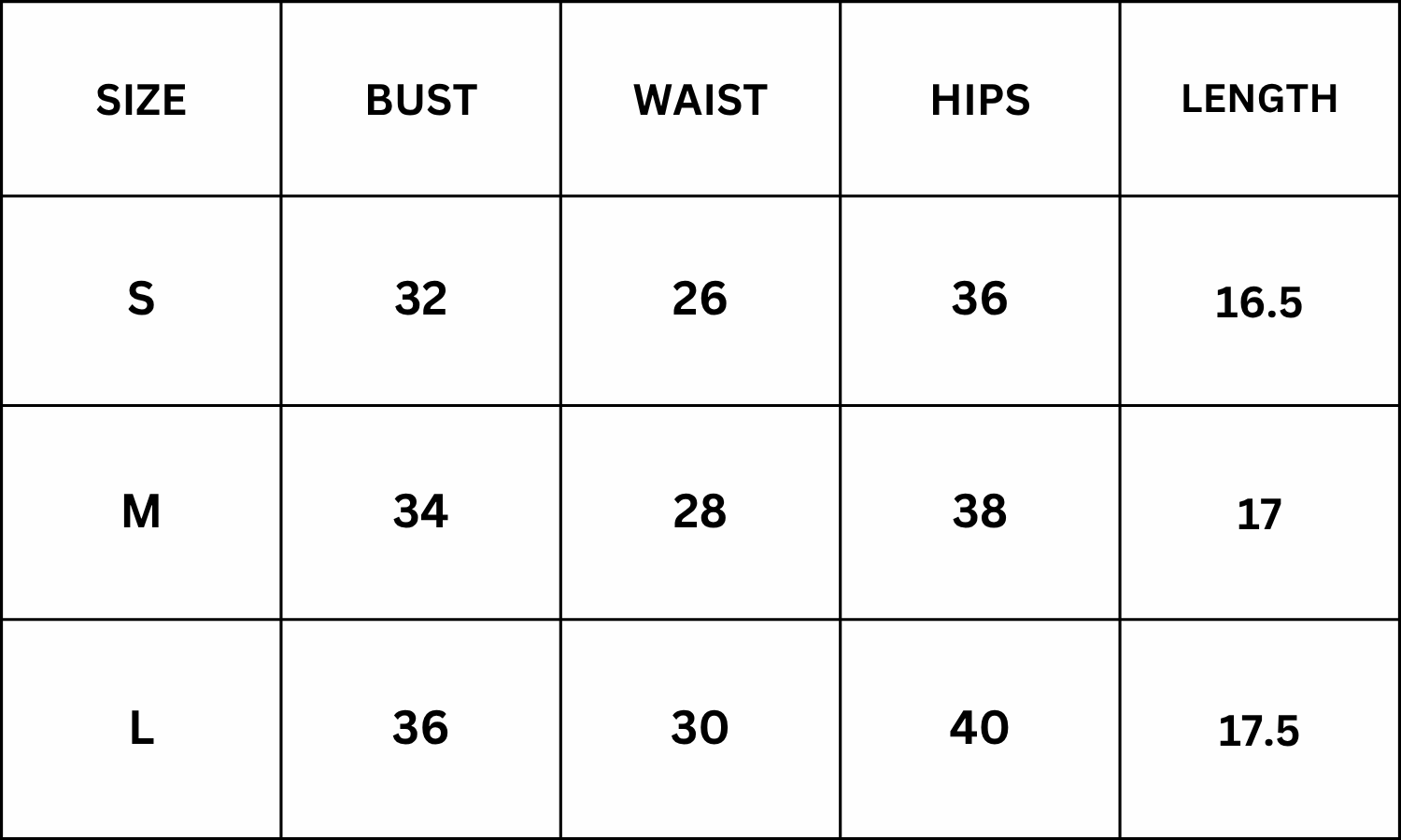 Size Chart for Colon Top - White