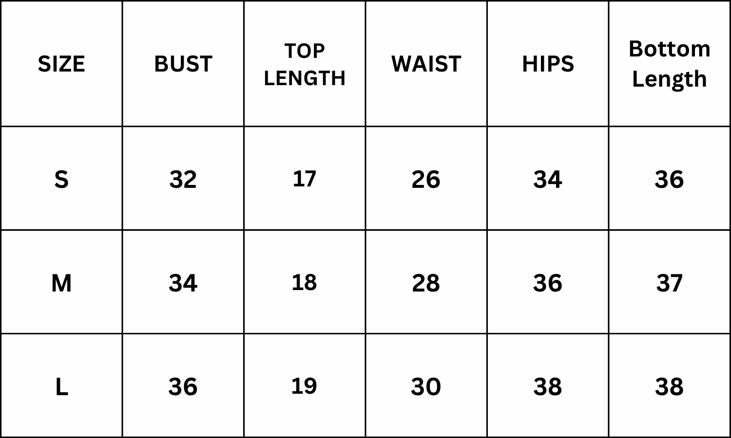 Size Chart for Stan Co-Ord - Black