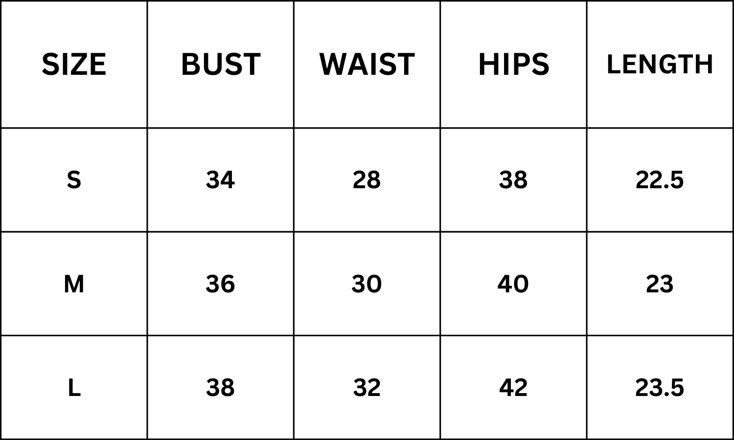 Size Chart for Chester Top - Black