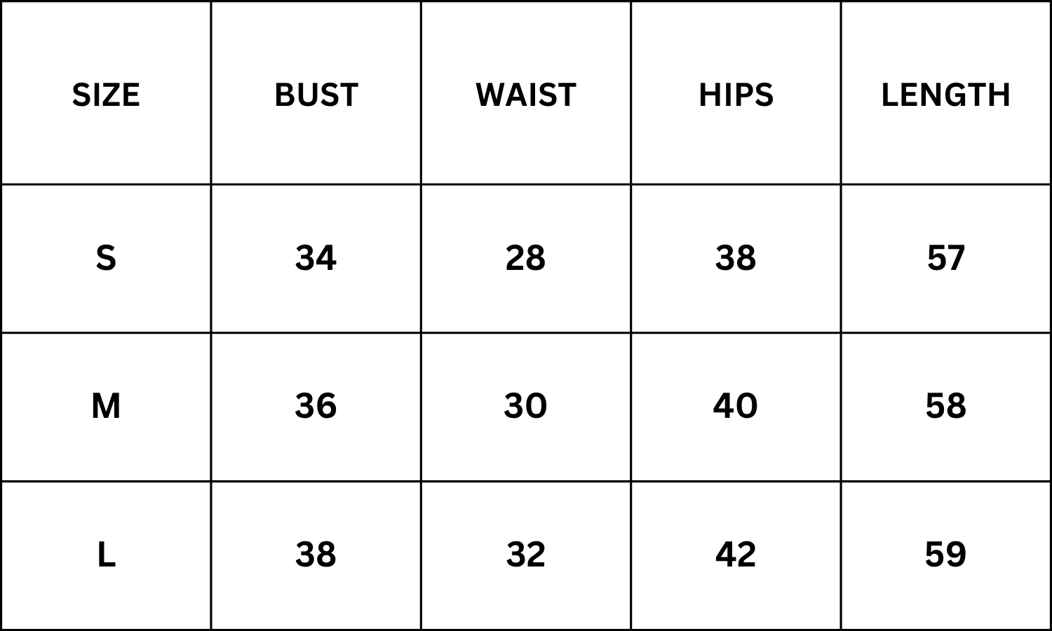 Size Chart for Milani Dress - White