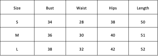 Size Chart for Melys Dress-Maroon