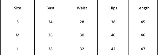 Size Chart for Showstopper Slit Dress-Black