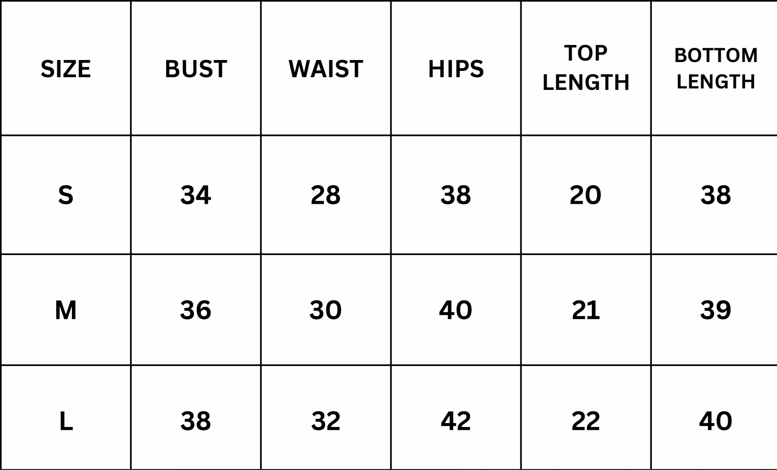 Size Chart for Shrett Co-ord - Black
