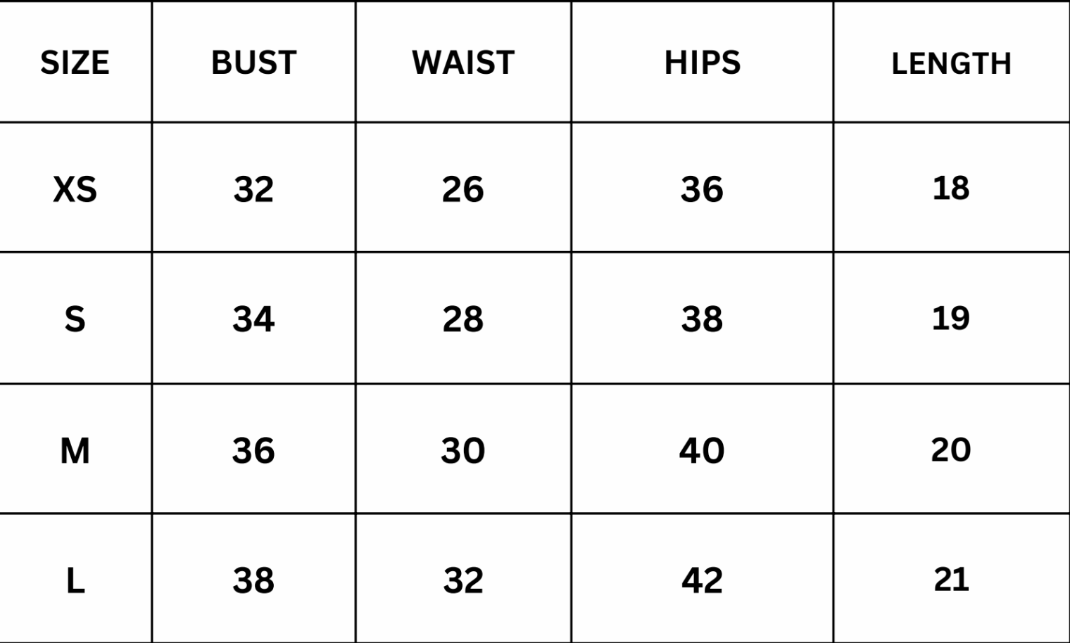 Size Chart for Aurea Top - Black
