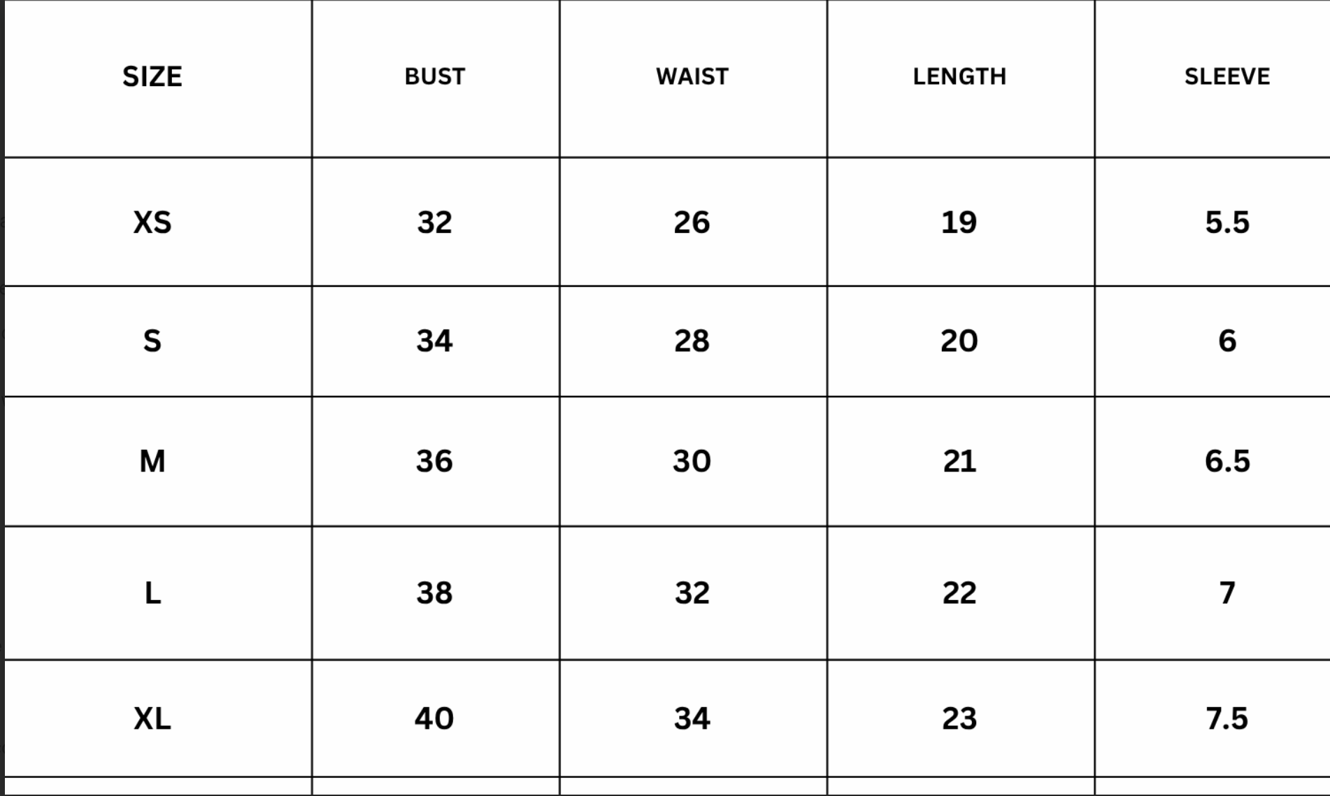 Size Chart for Vela Top - Grey