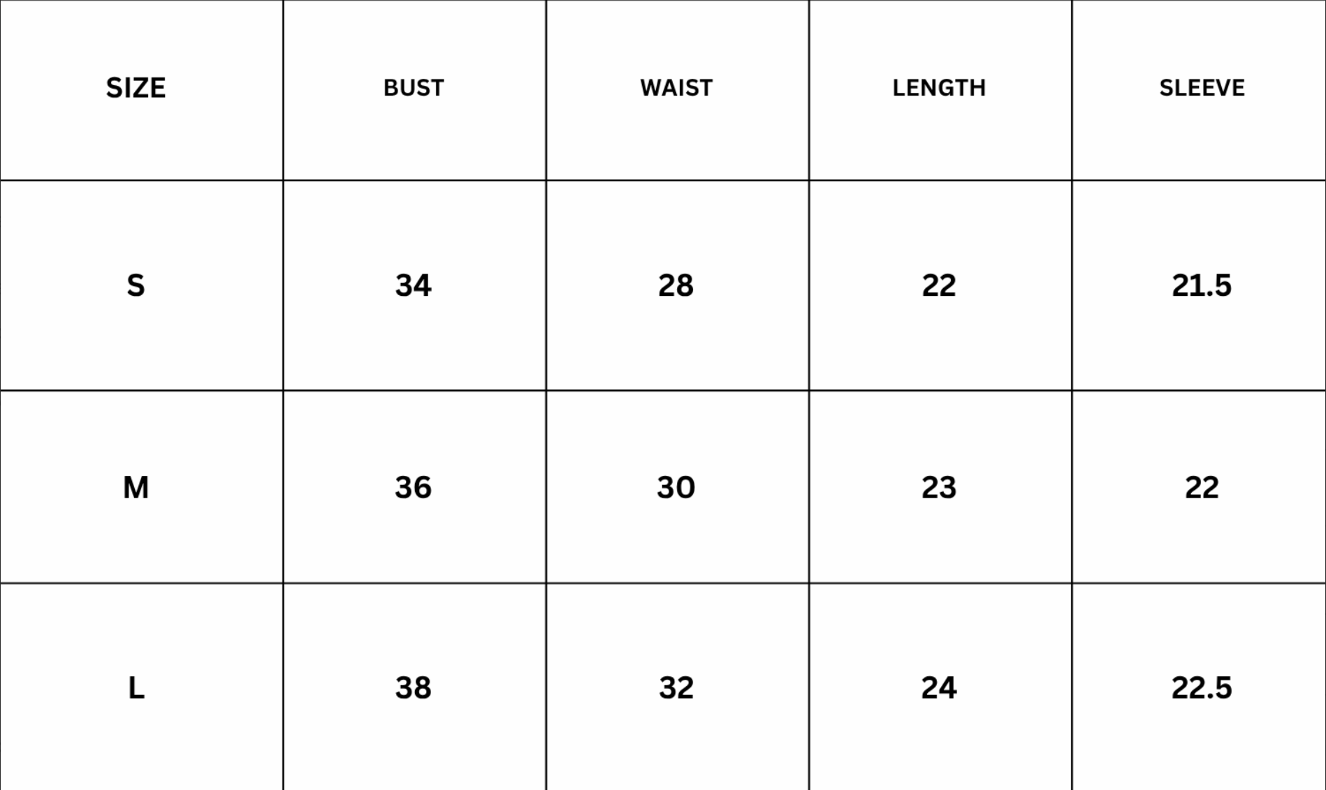 Size Chart for Ophie Top - Green