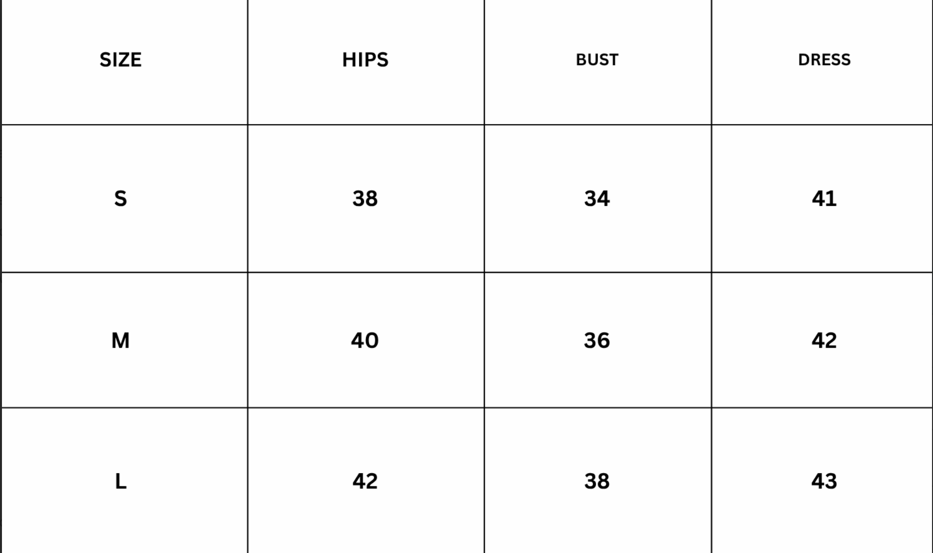 Size Chart for Elysia 3 Piece Set - Black