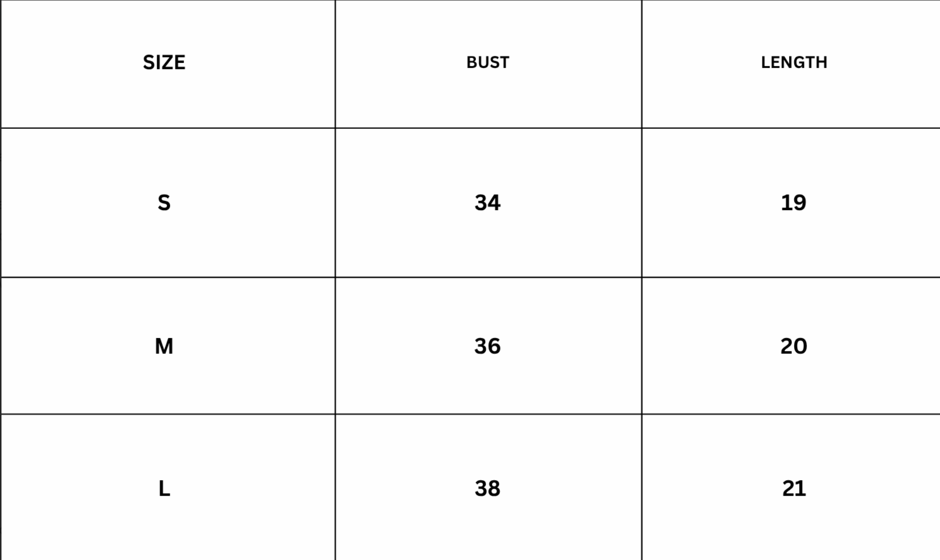 Size Chart for Vara Top - Black