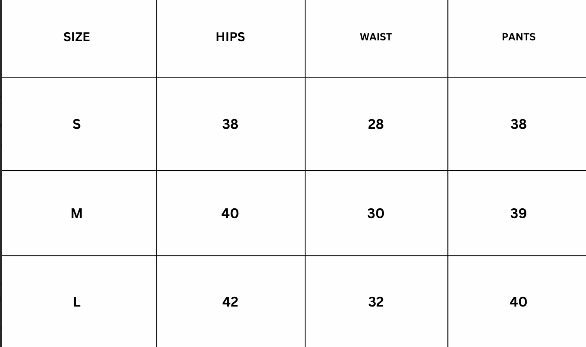 Size Chart for Crimson Leggings - Black