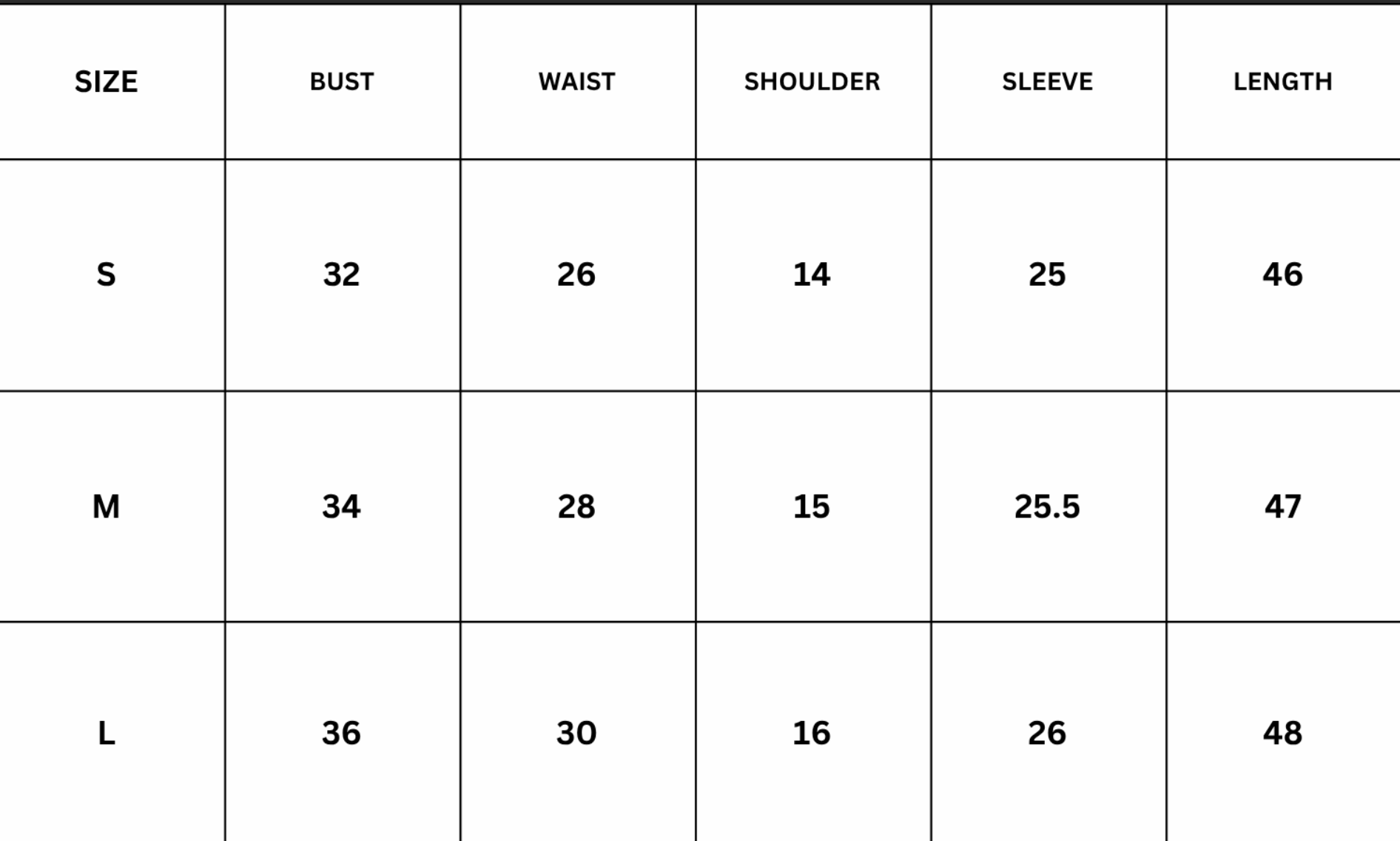 Size Chart for Vaire Top - Black