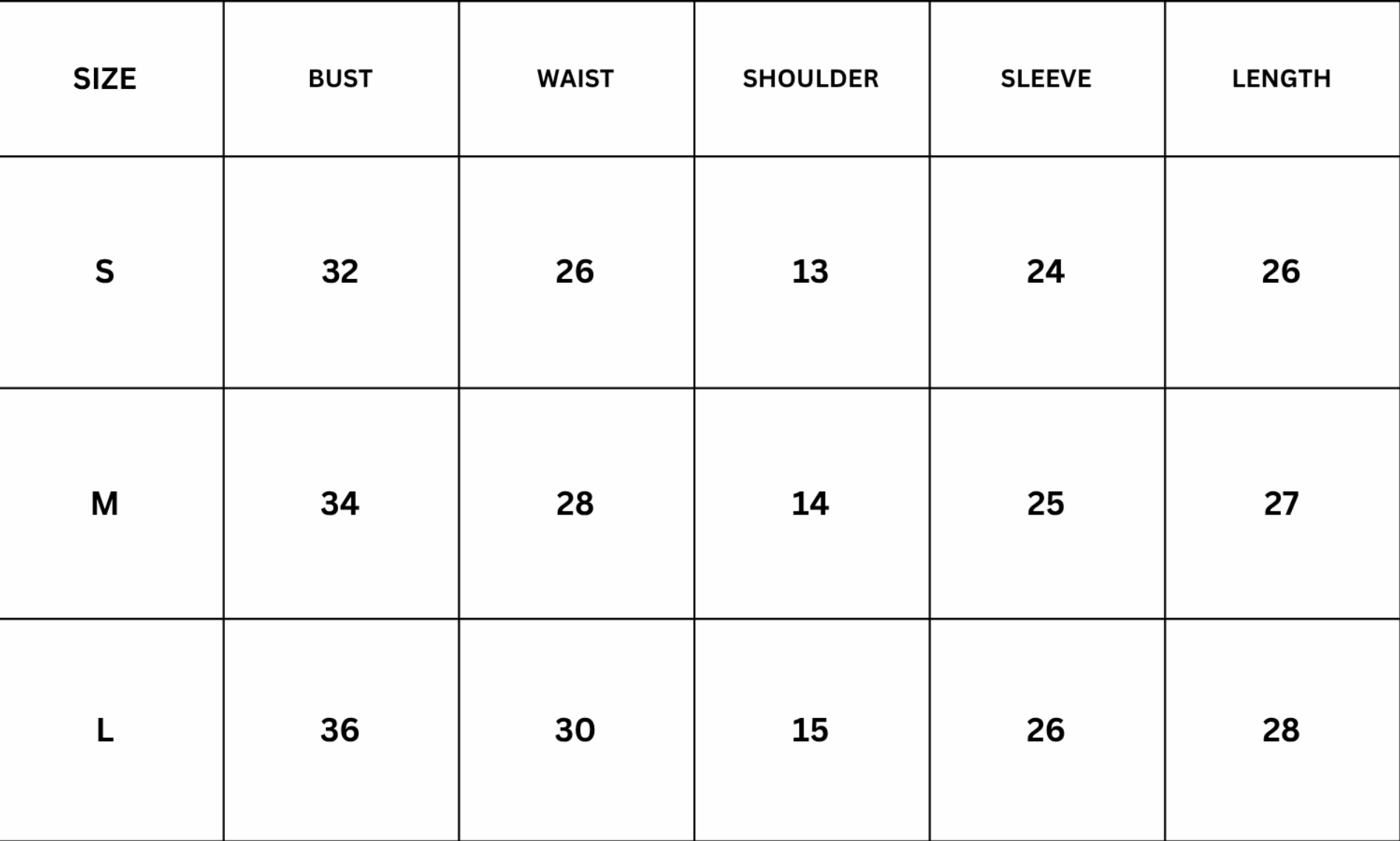 Size Chart for Velina Top - Black