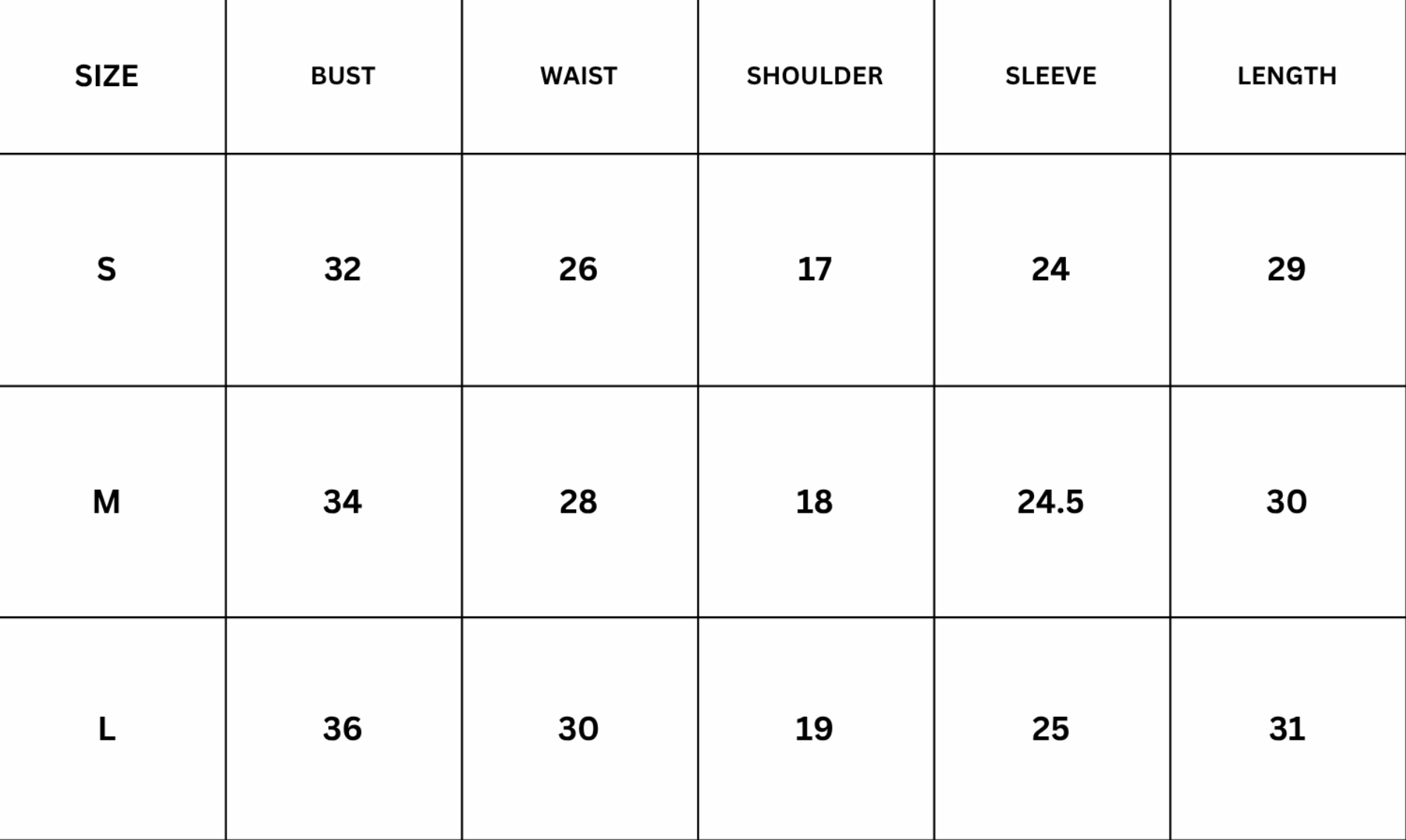 Size Chart for Corenna Jacket - Black