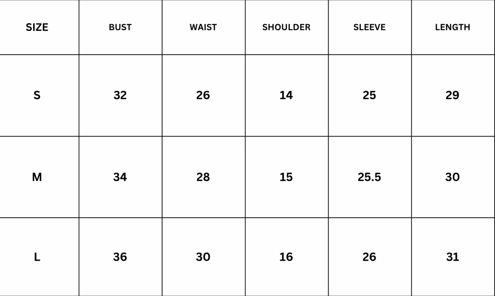 Size Chart for Ophira Jacket - Black