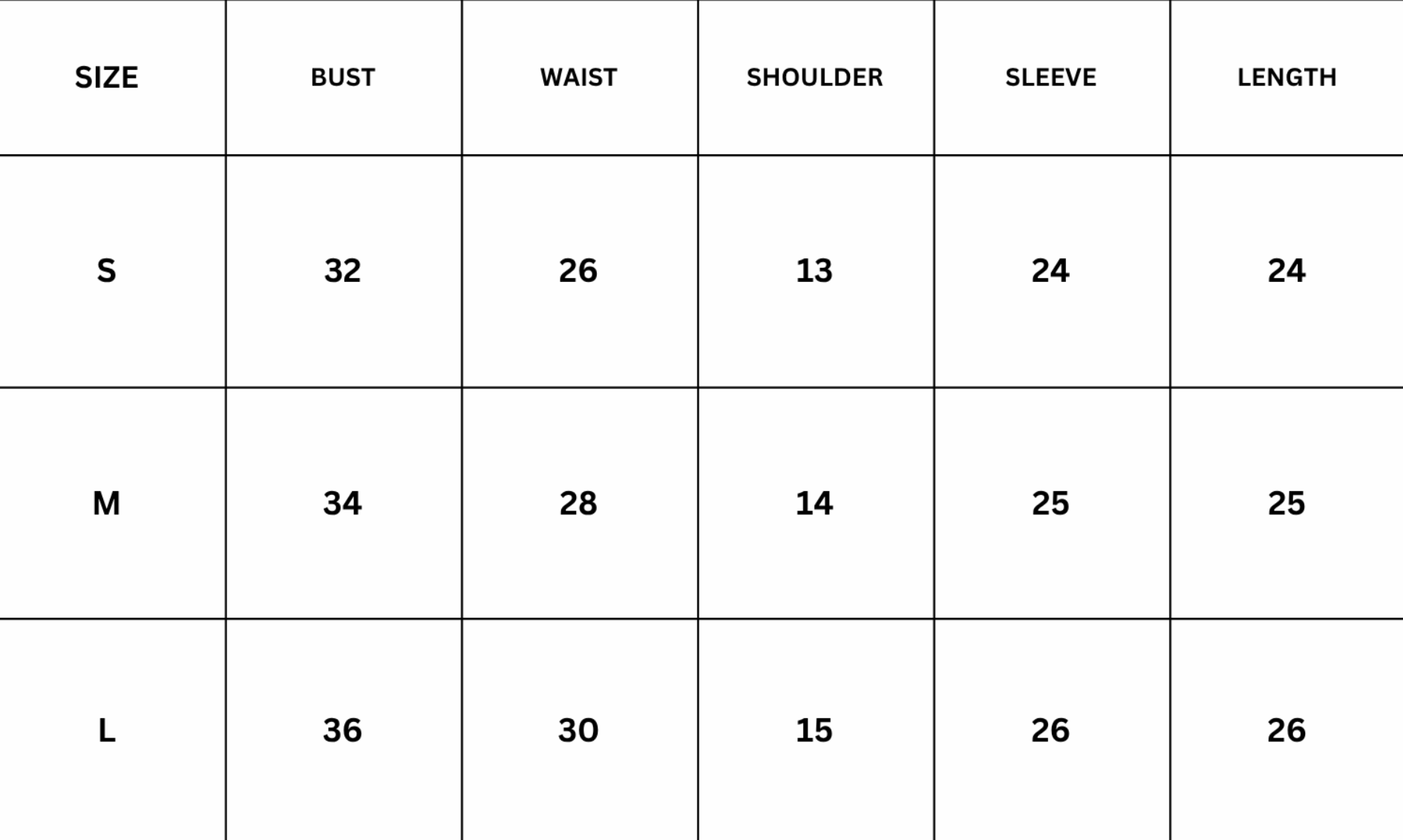 Size Chart for Mirelle Jacket - Black