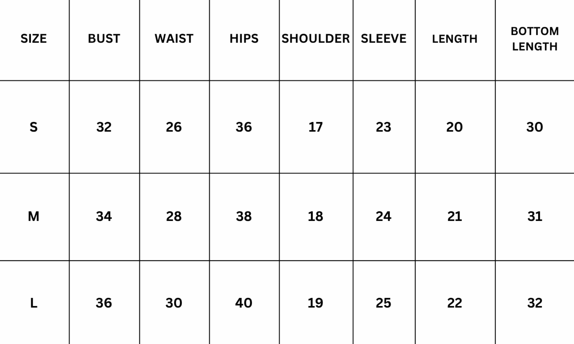 Size Chart for Roselle Co Ord Set - Black