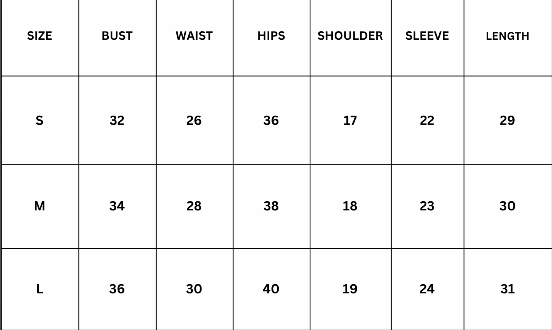 Size Chart for Emily Co-ord - Black