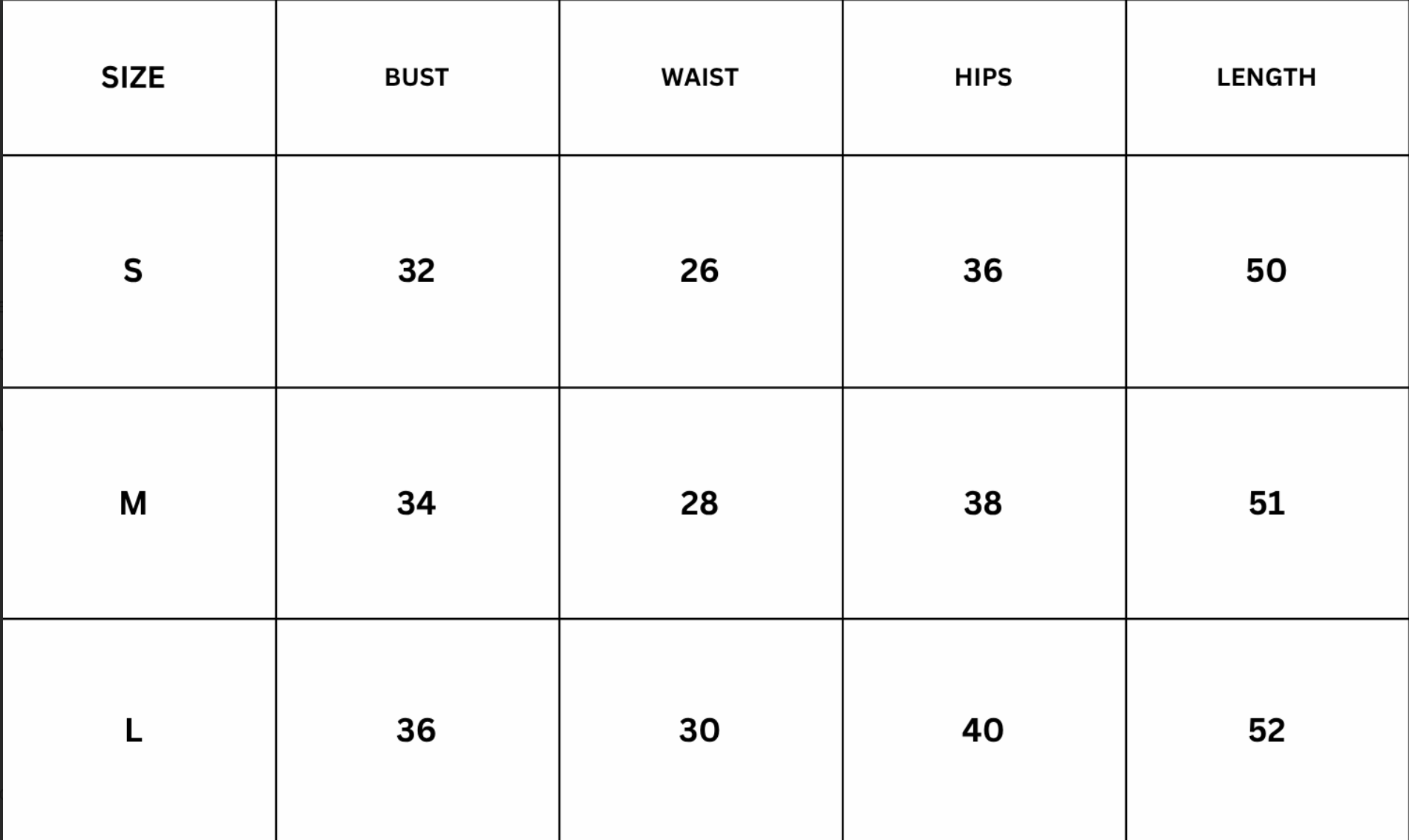 Size Chart for Sera Satin Dress - Black