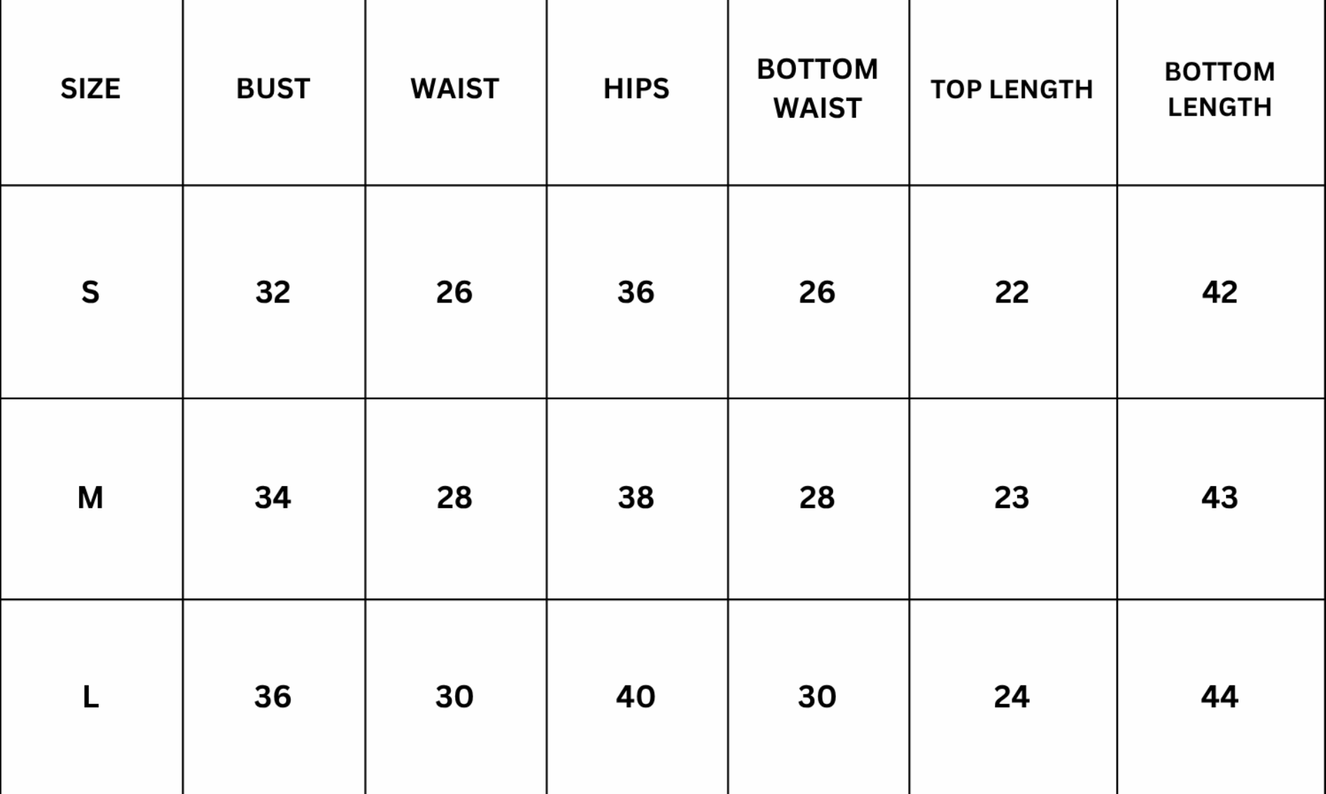 Size Chart for Delina Cord Set - White
