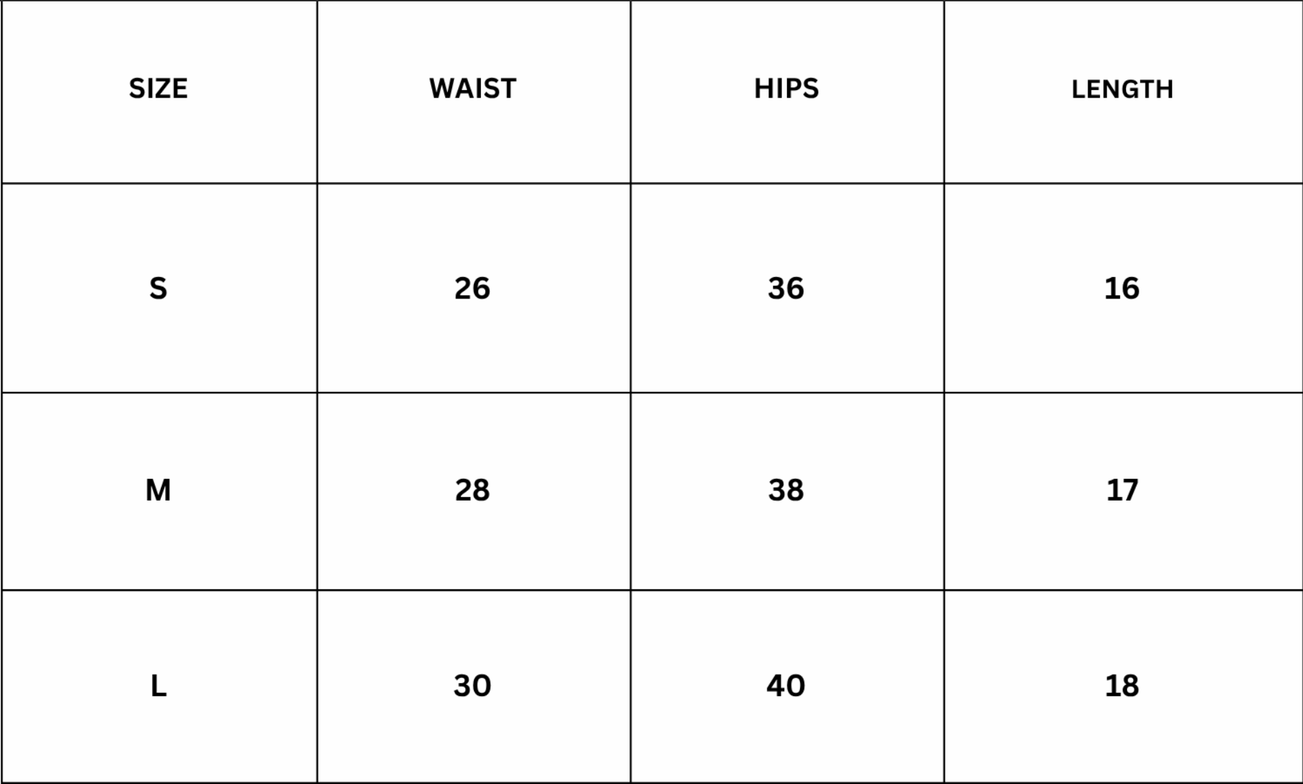 Size Chart for Furelle Skirt - Black