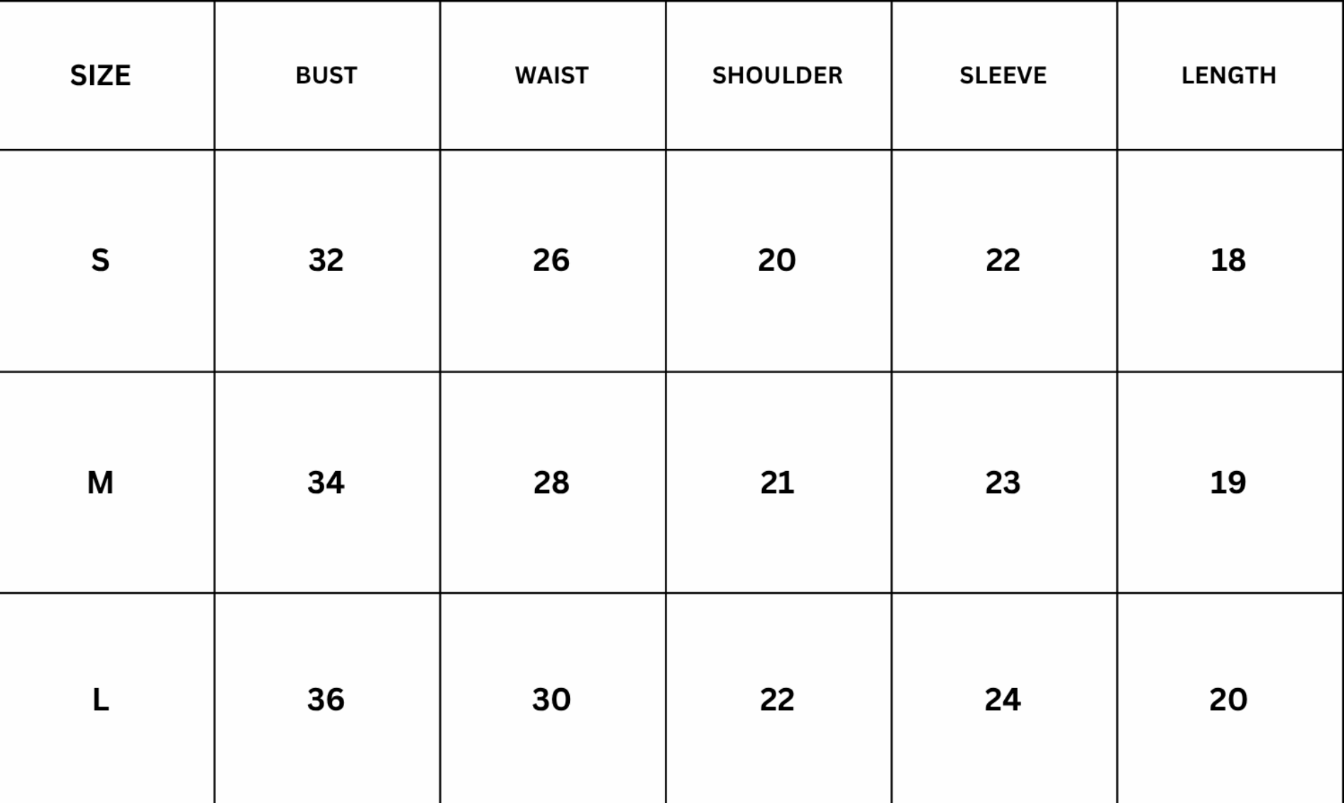 Size Chart for Lira Jacket Top - Black