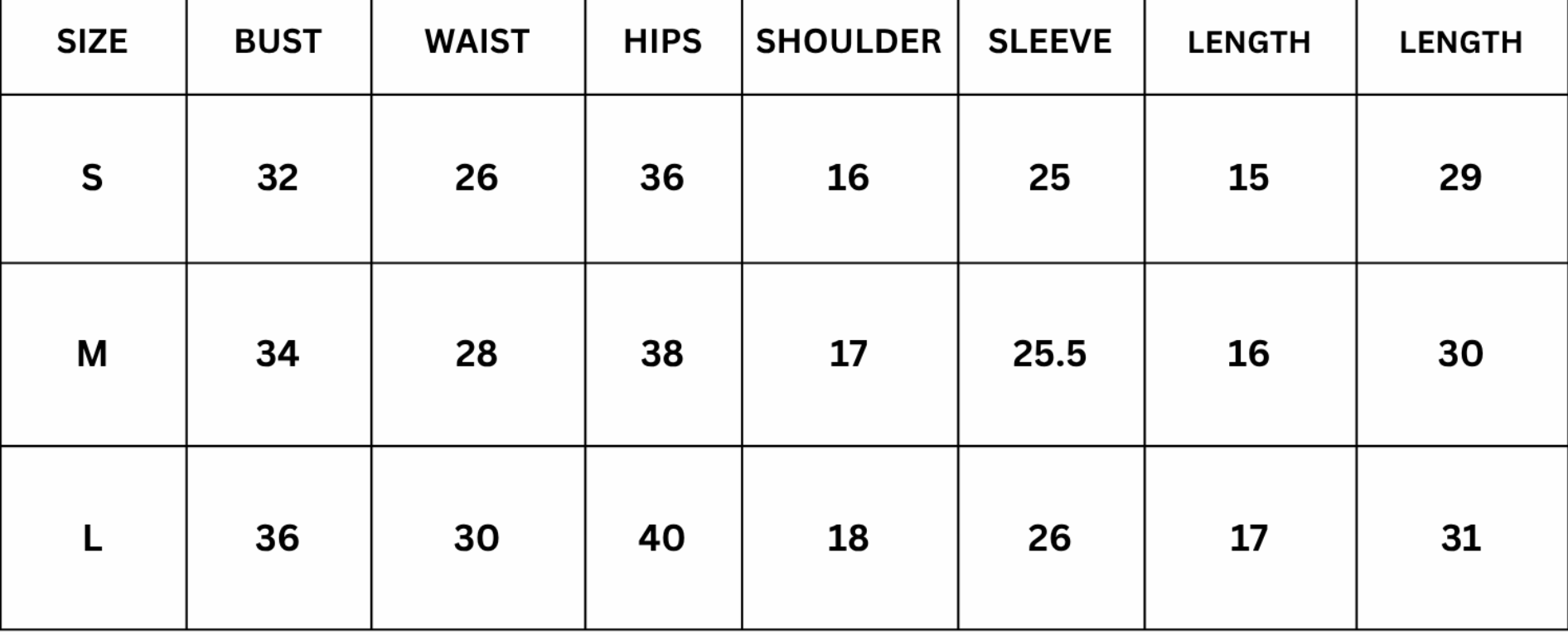 Size Chart for Lexi Jacket - Black