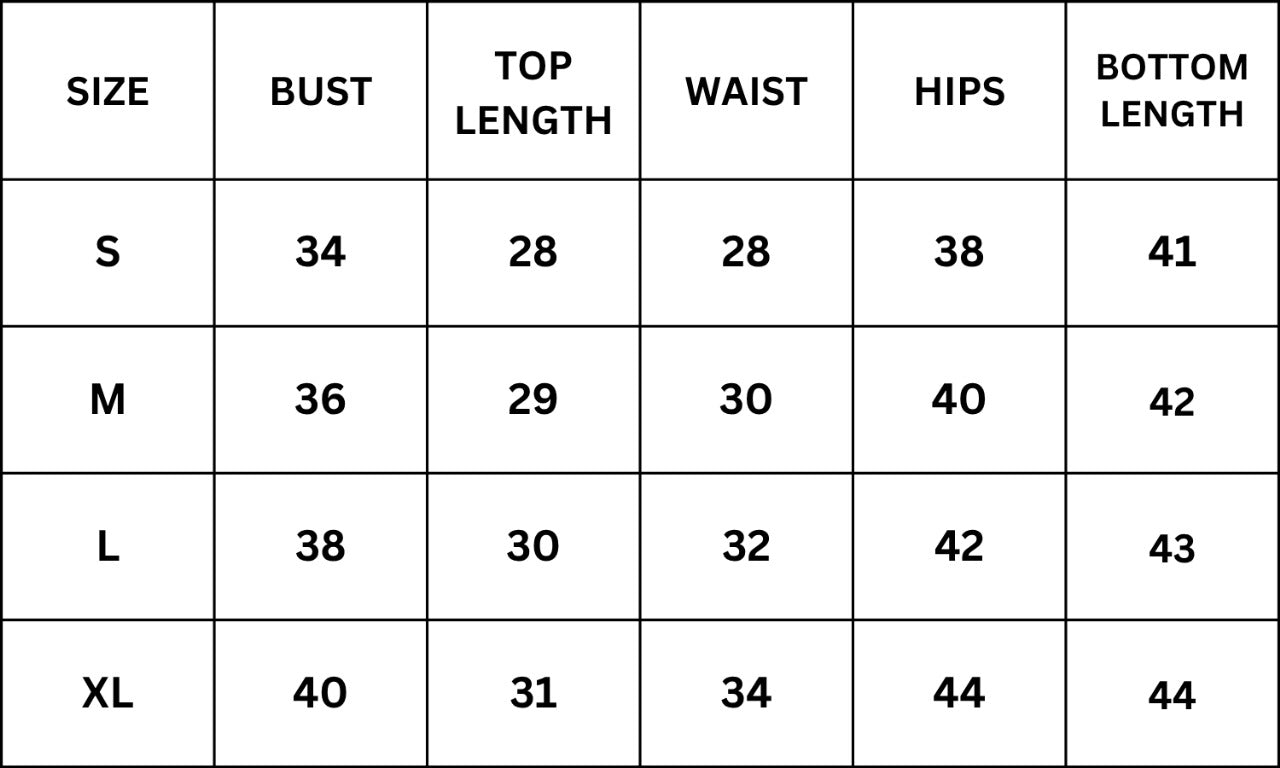 Size Chart for Smithy Co-ord  - Black