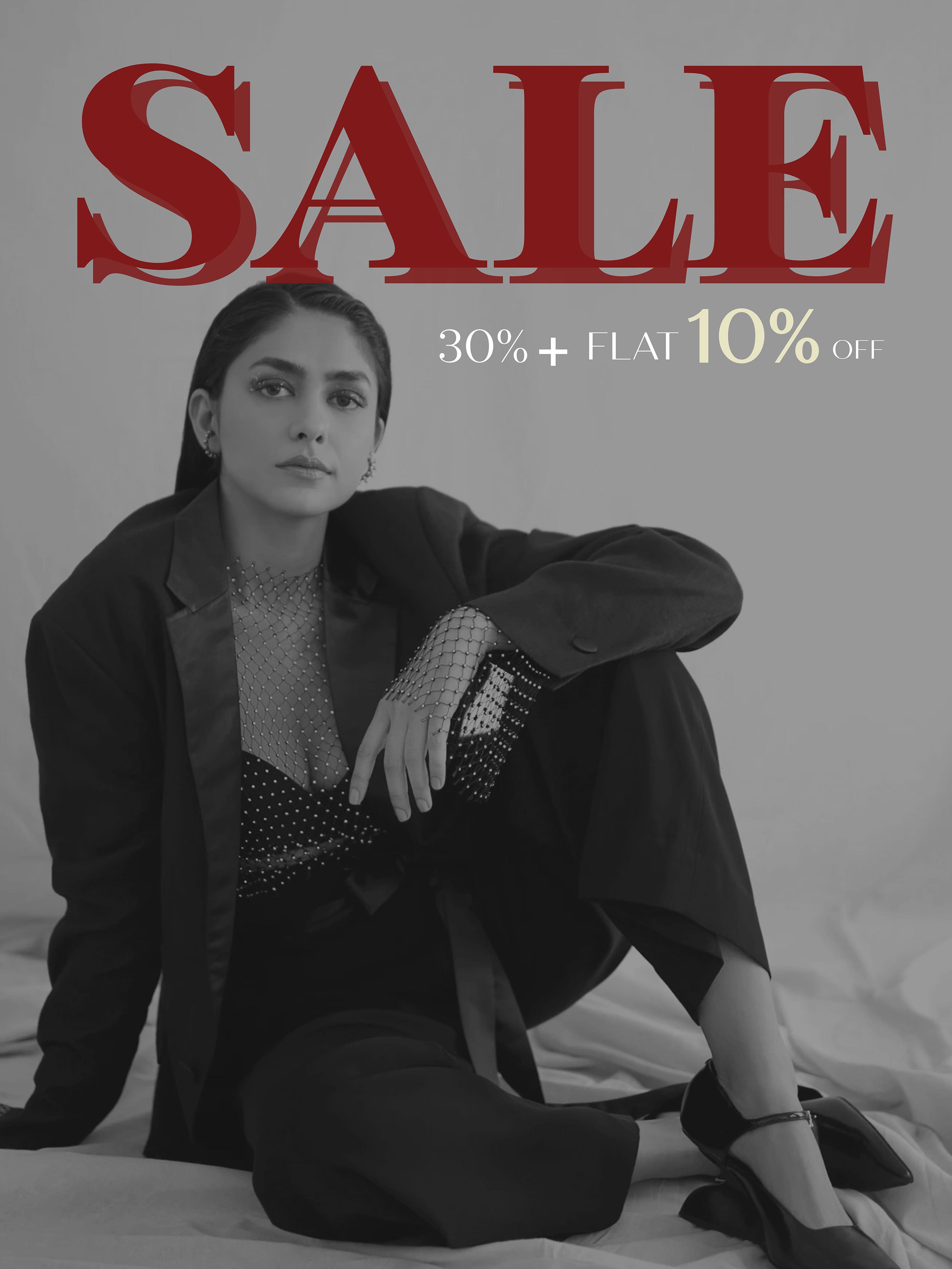 Miakee clothing sale banner showcasing bold red SALE typography on an elegant fashion backdrop and accessories mobile version