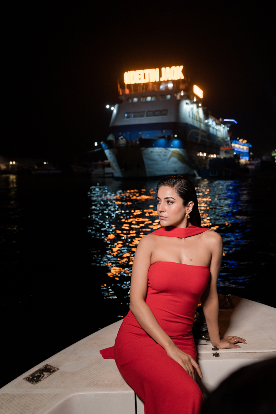 Shehnaz Gill's image featuring Miakee’s elegant apparel pieces over a soft background with subtle branding accents